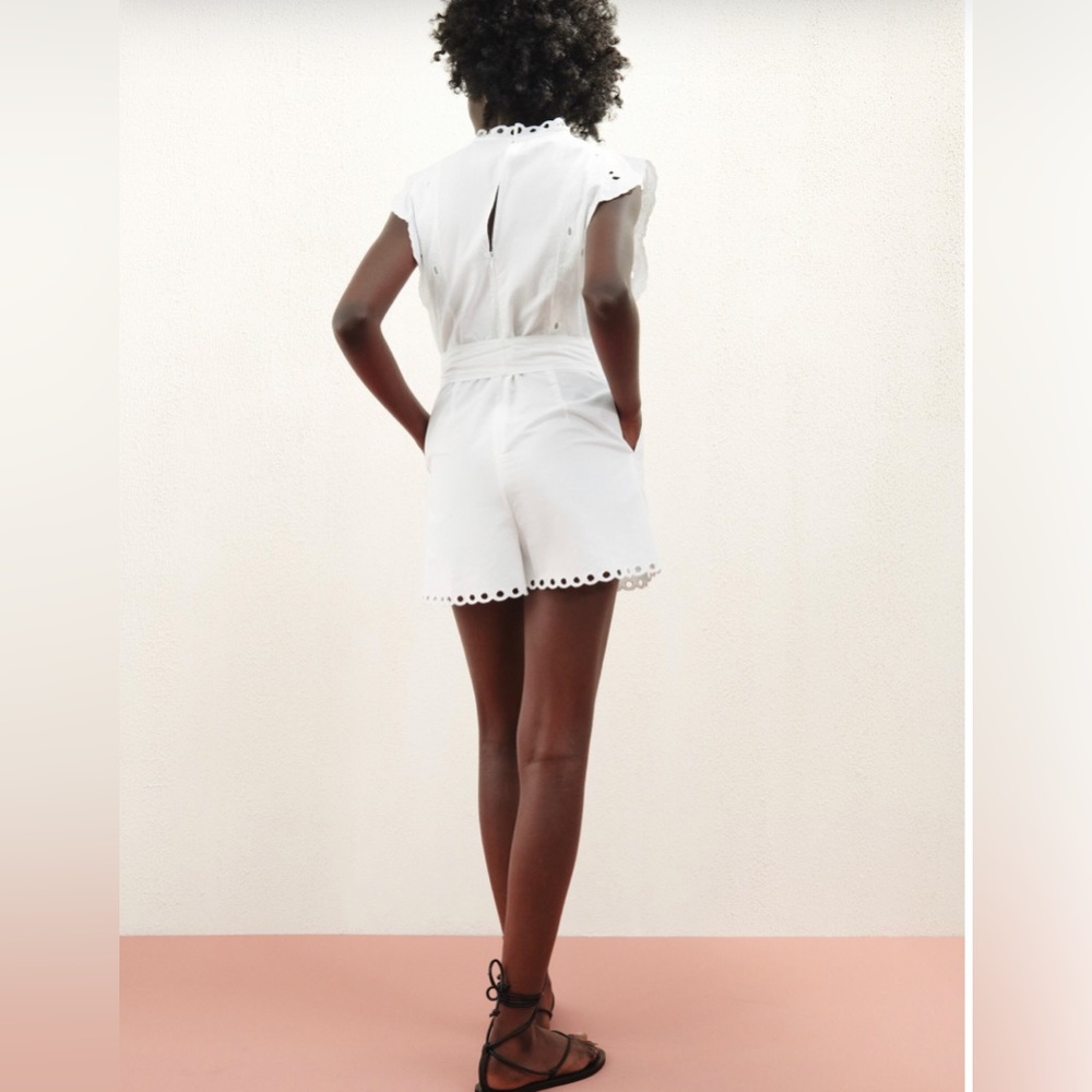 NWT Openwork Embroidery Romper with Bow Belt. Color is white. Size is small. - Picture 3 of 15
